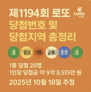 제1194회 로또 당첨번호 및 1등 배출점 총정리 (2025년 10월 18일 추첨)